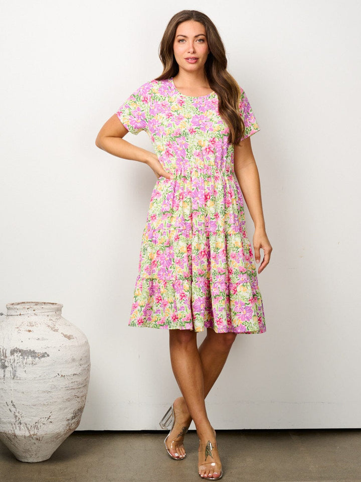 WOMEN'S SHORT SLEEVE ELASTIC WAIST FLORAL MINI DRESS