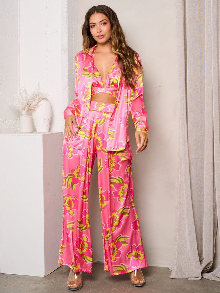 WOMEN'S LONG SLEEVE W/BRA & WIDEL LEG PANTS PRINTED 3PC. SET