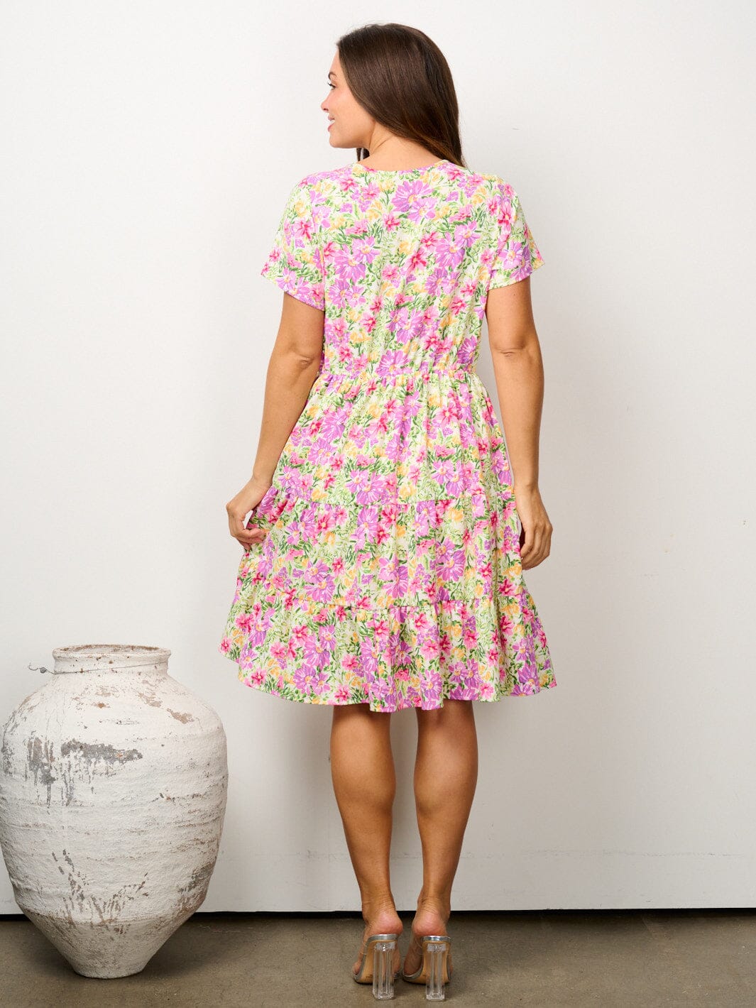 WOMEN'S SHORT SLEEVE ELASTIC WAIST FLORAL MINI DRESS