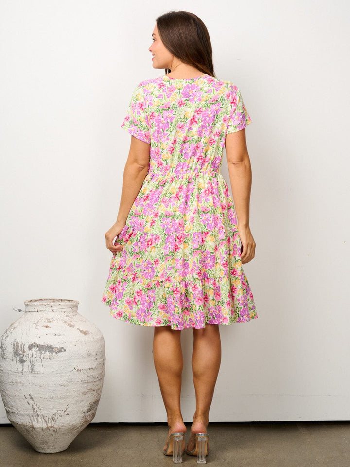 WOMEN'S SHORT SLEEVE ELASTIC WAIST FLORAL MINI DRESS