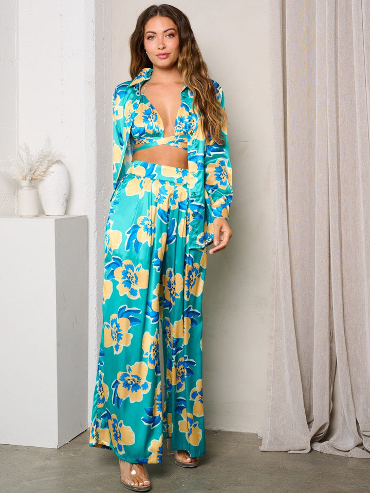 WOMEN'S LONG SLEEVE W/BRA & WIDEL LEG PANTS PRINTED 3PC. SET