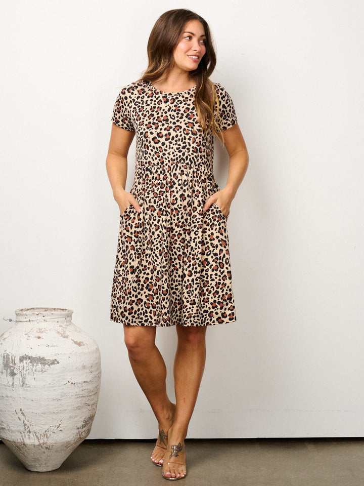 WOMEN'S SHORT SLEEVE ELASTIC WAIST POCKETS ANIMAL PRINT MINI DRESS