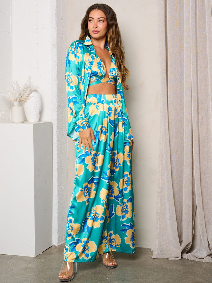 WOMEN'S LONG SLEEVE W/BRA & WIDEL LEG PANTS PRINTED 3PC. SET