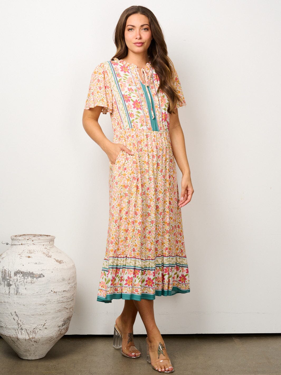 WOMEN'S SHORT SLEEVE ELASTIC WAIST POCKETS FLORAL MAXI DRESS