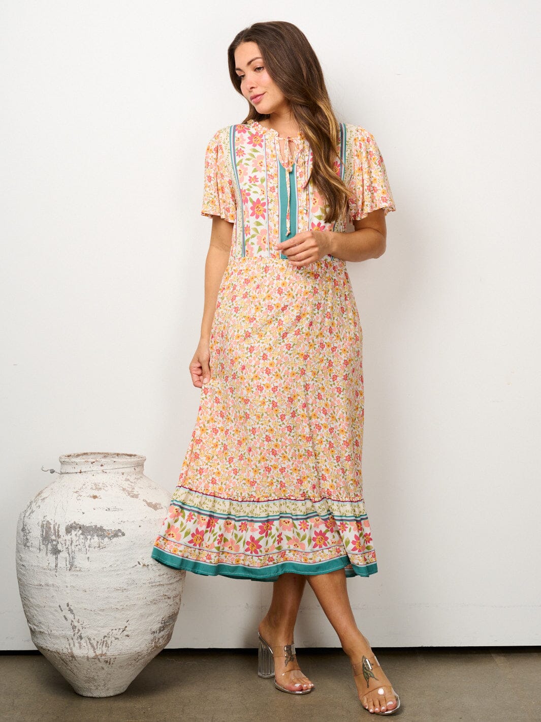 WOMEN'S SHORT SLEEVE ELASTIC WAIST POCKETS FLORAL MAXI DRESS
