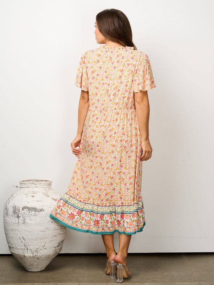 WOMEN'S SHORT SLEEVE ELASTIC WAIST POCKETS FLORAL MAXI DRESS