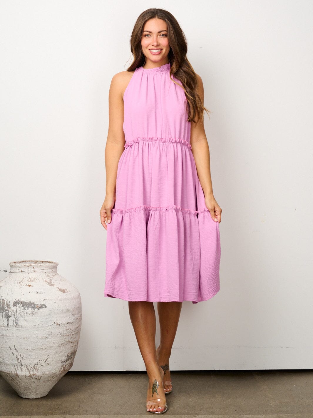 WOMEN'S SLEEVELESS HALTER NECK TIERED MIDI DRESS