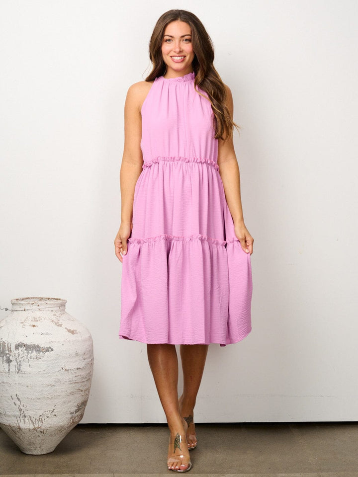 WOMEN'S SLEEVELESS HALTER NECK TIERED MIDI DRESS