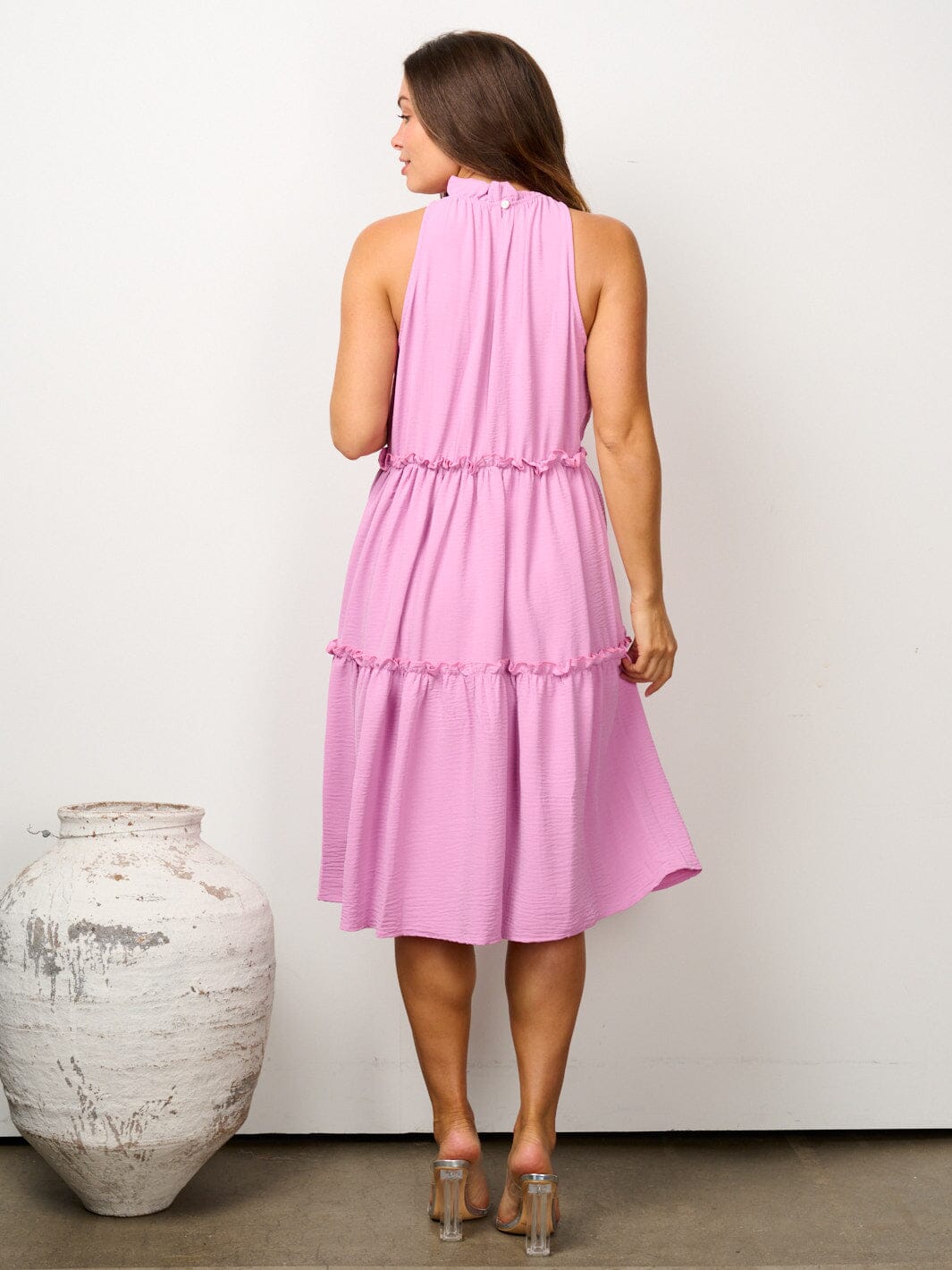 WOMEN'S SLEEVELESS HALTER NECK TIERED MIDI DRESS