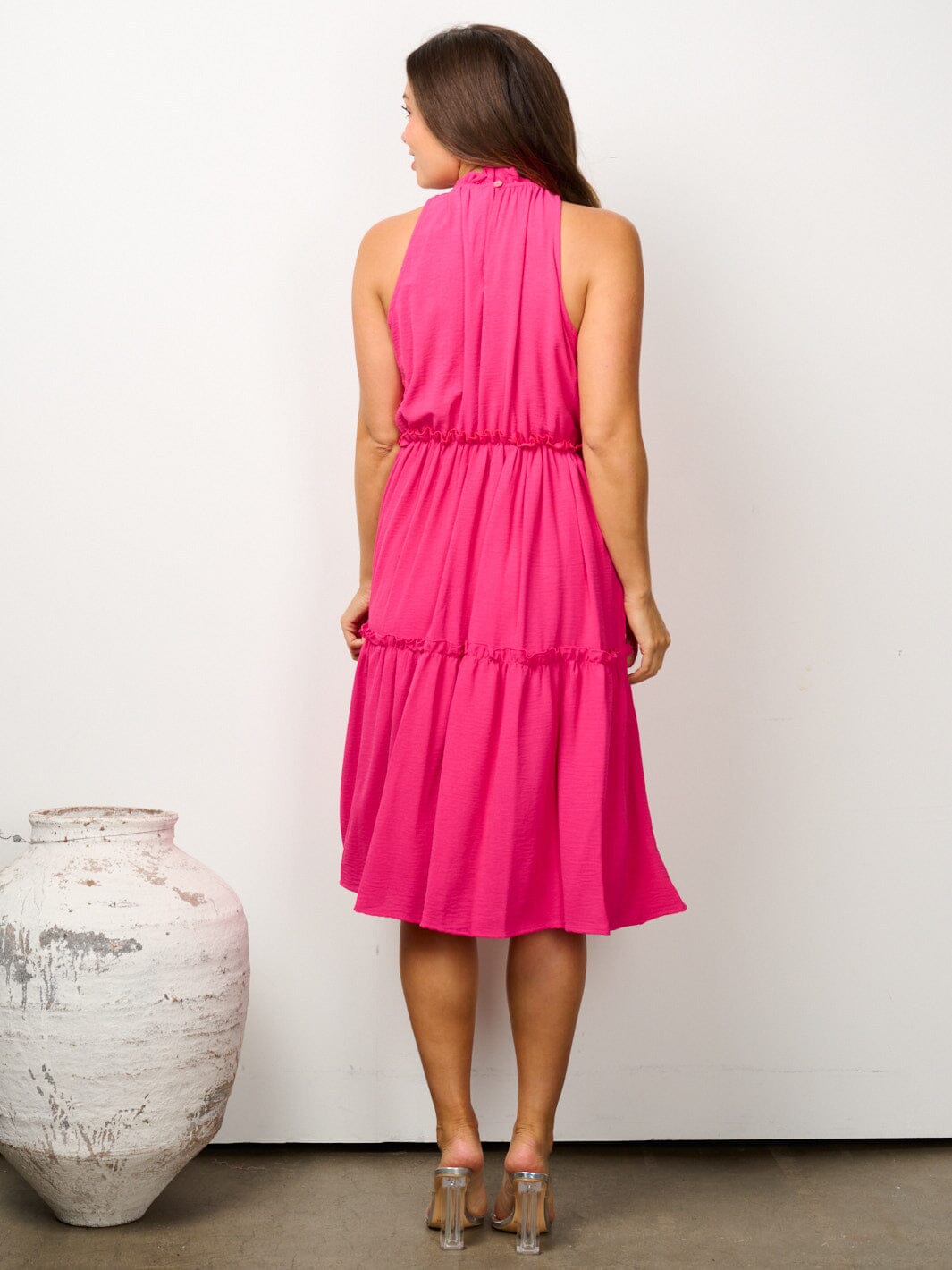 WOMEN'S SLEEVELESS HALTER NECK TIERED MIDI DRESS