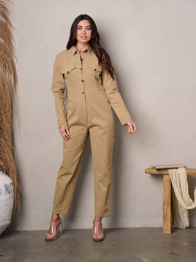 WOMEN'S LONG SLEEVE BUTTON UP POCKETS CORDUROY JUMPSUIT