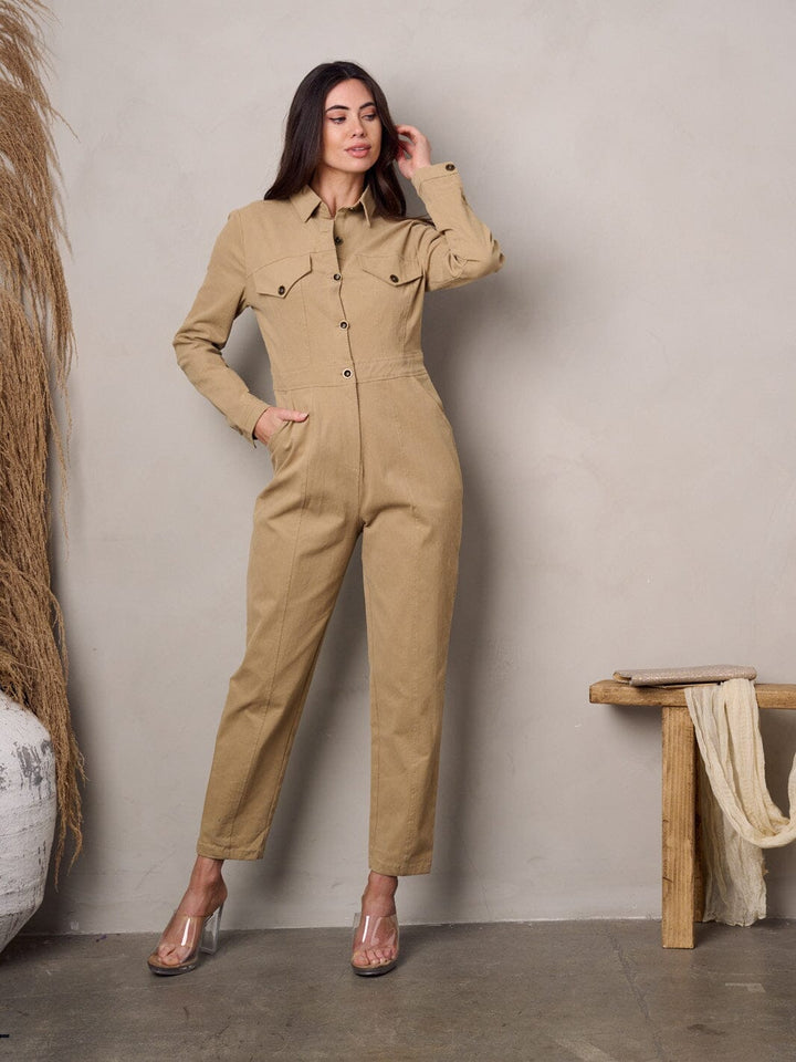 WOMEN'S LONG SLEEVE BUTTON UP POCKETS CORDUROY JUMPSUIT