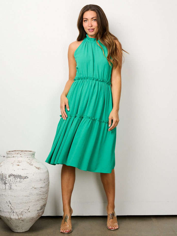 WOMEN'S SLEEVELESS HALTER NECK TIERED MIDI DRESS