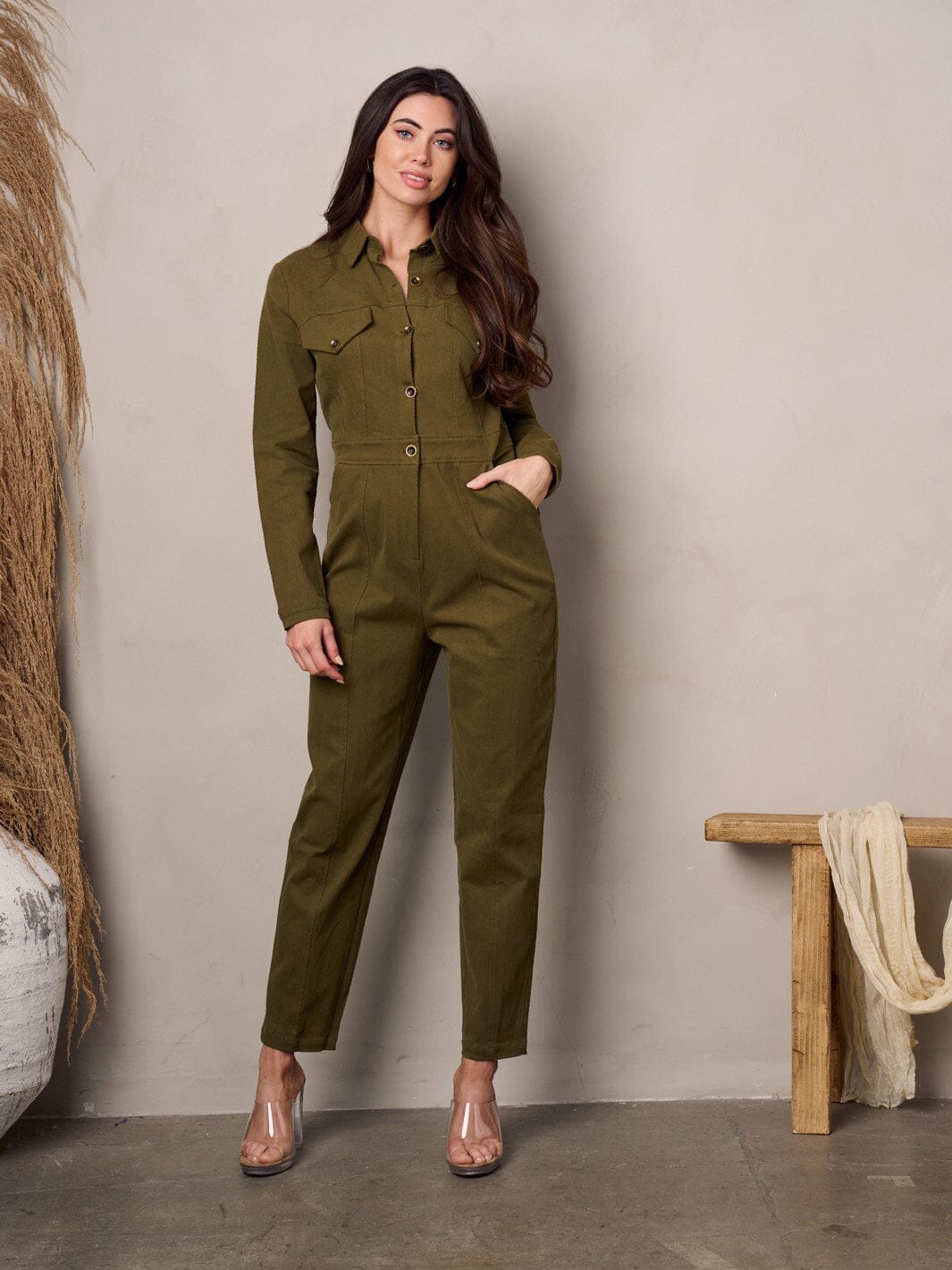 WOMEN'S LONG SLEEVE BUTTON UP POCKETS CORDUROY JUMPSUIT