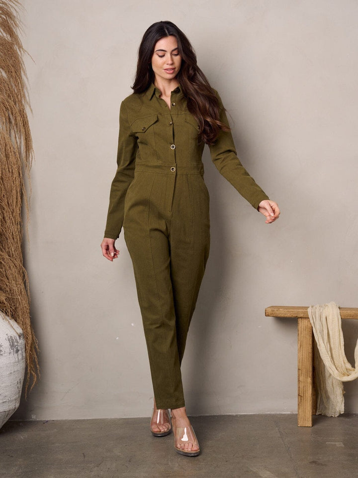 WOMEN'S LONG SLEEVE BUTTON UP POCKETS CORDUROY JUMPSUIT