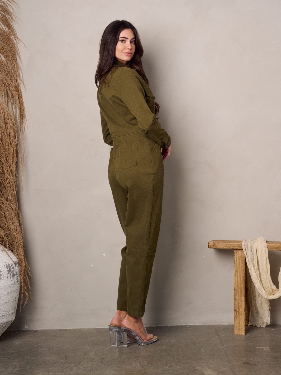 WOMEN'S LONG SLEEVE BUTTON UP POCKETS CORDUROY JUMPSUIT