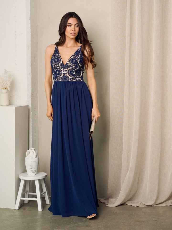 WOMEN'S SLEEVELESS LACE EMBROIDERY V-NECK MAXI GOWN DRESS