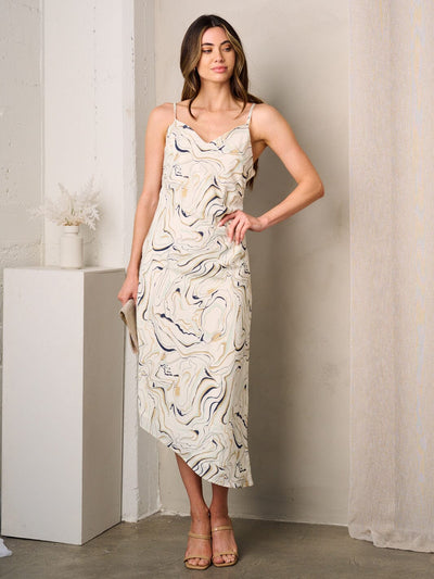 WOMEN'S SLEEVELESS COWL NECK PRINTED MIDI DRESS