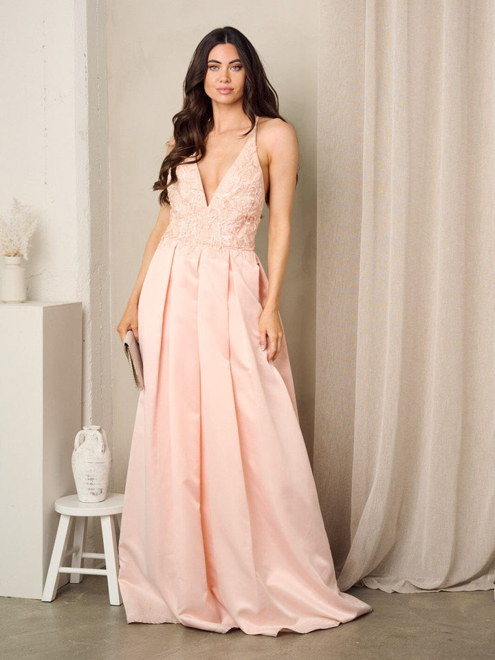 WOMEN'S SLEEVELESS V-NECK OPEN BACK PLEATED MAXI GOWN DRESS