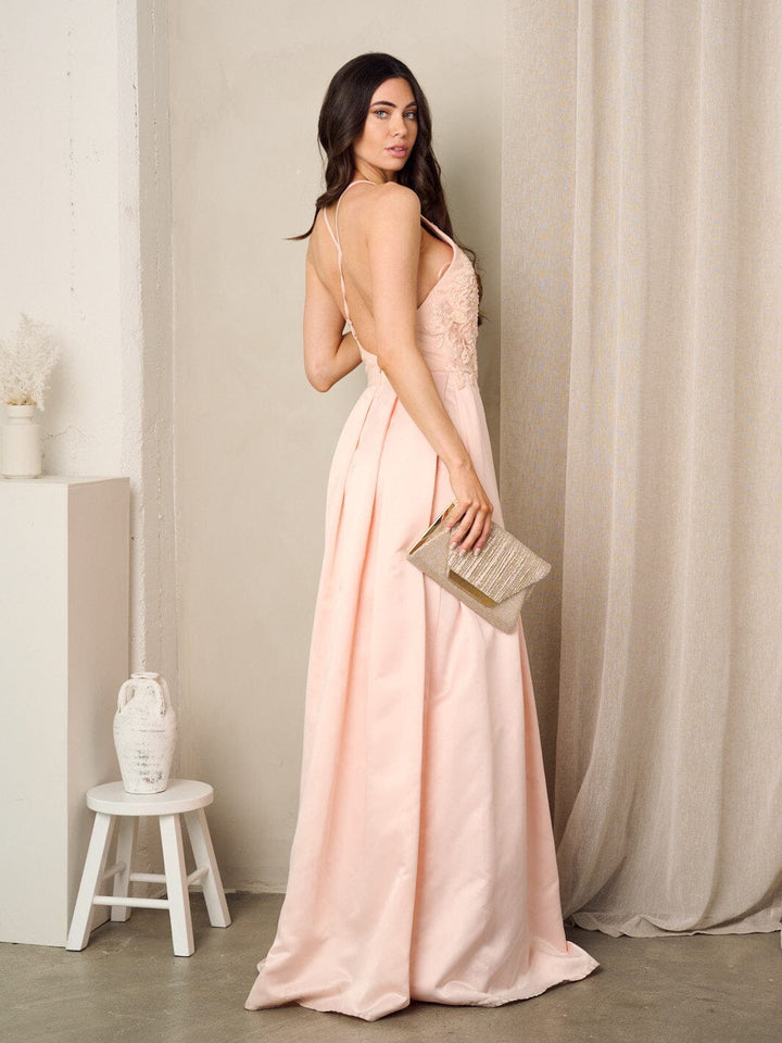 WOMEN'S SLEEVELESS V-NECK OPEN BACK PLEATED MAXI GOWN DRESS