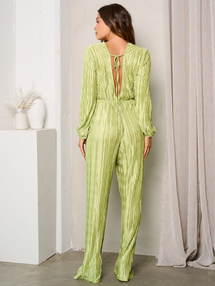 WOMEN'S LONG SLEEVE V-NECK DETAILED WIDE LEG JUMPSUIT