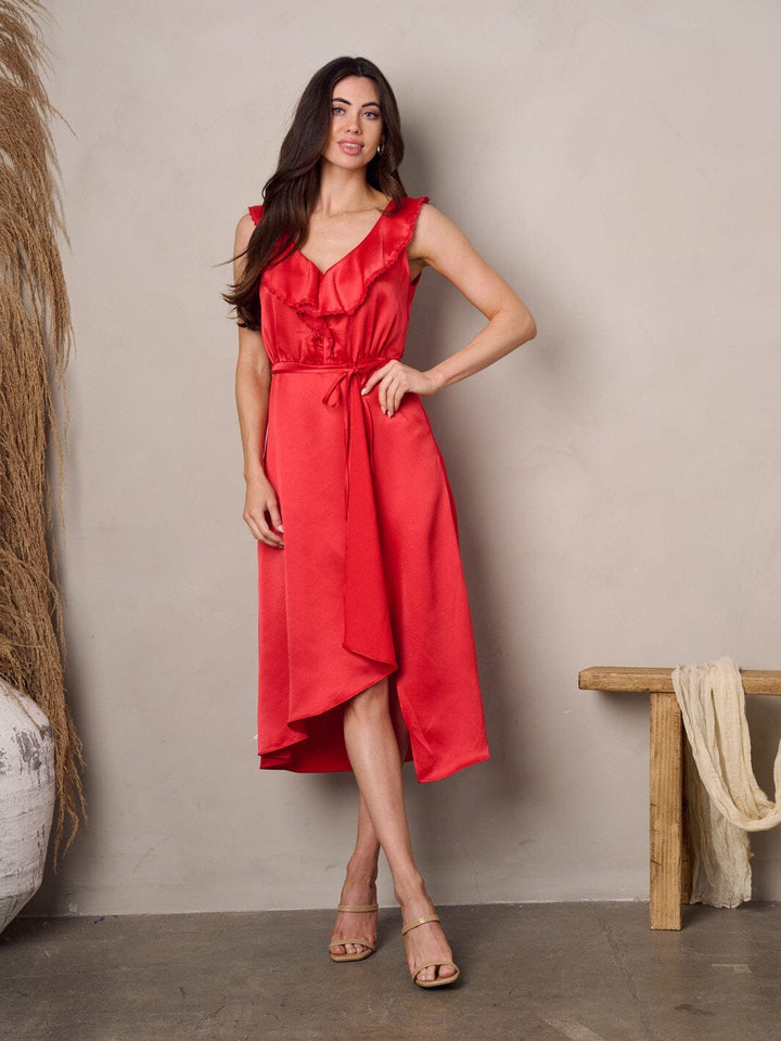 WOMEN'S SLEEVELESS V-NECK RUFFLE SURPLICE MIDI DRESS
