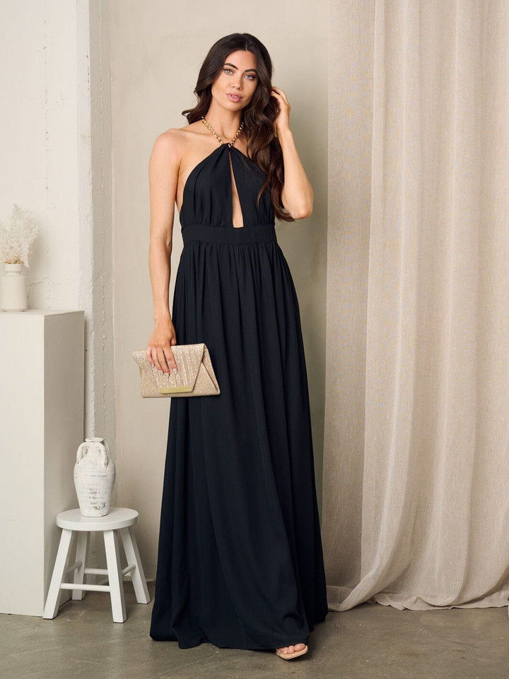 WOMEN'S SLEEVELESS OPEN BACK CHAIN NECK TIE MAXI DRESS