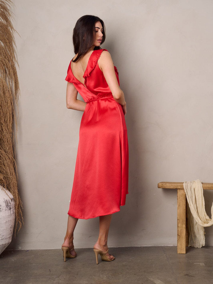 WOMEN'S SLEEVELESS V-NECK RUFFLE SURPLICE MIDI DRESS