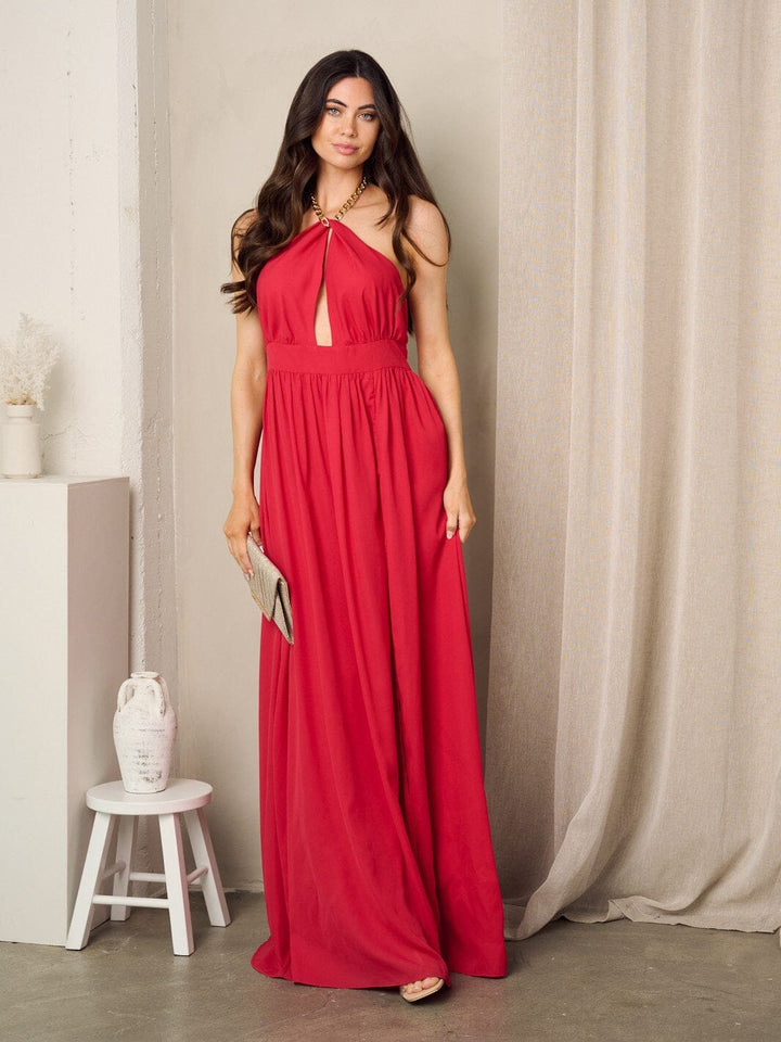 WOMEN'S SLEEVELESS OPEN BACK CHAIN NECK TIE MAXI DRESS