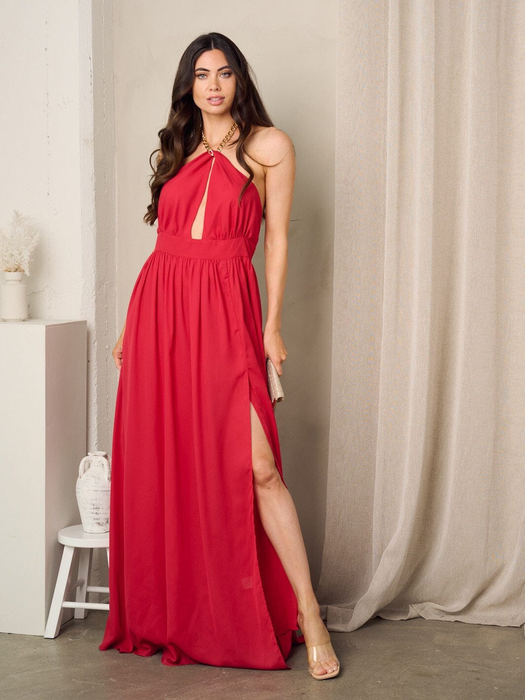 WOMEN'S SLEEVELESS OPEN BACK CHAIN NECK TIE MAXI DRESS
