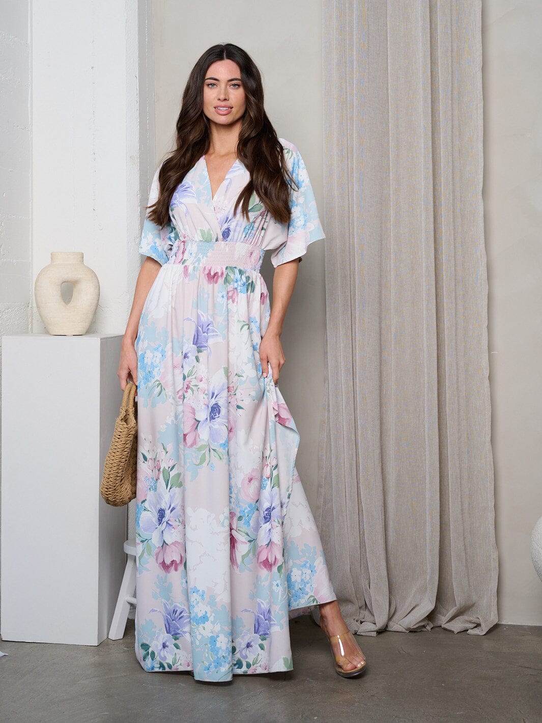 WOMEN'S SHORT SLEEVE SURPLICE SMOCK WAIST MAXI DRESS
