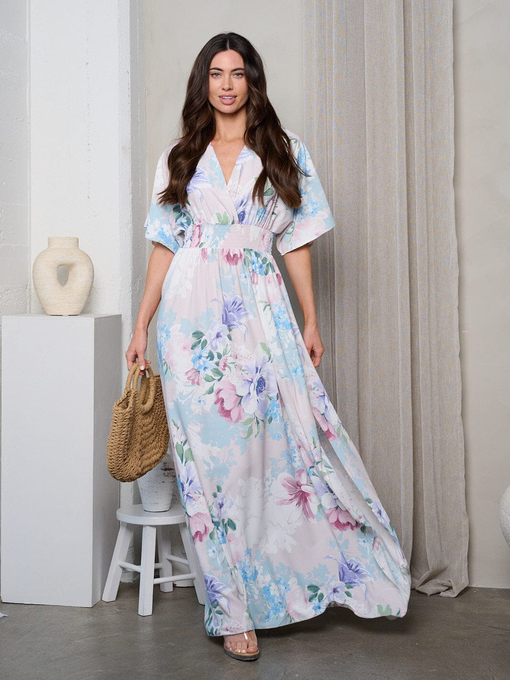 WOMEN'S SHORT SLEEVE SURPLICE SMOCK WAIST MAXI DRESS