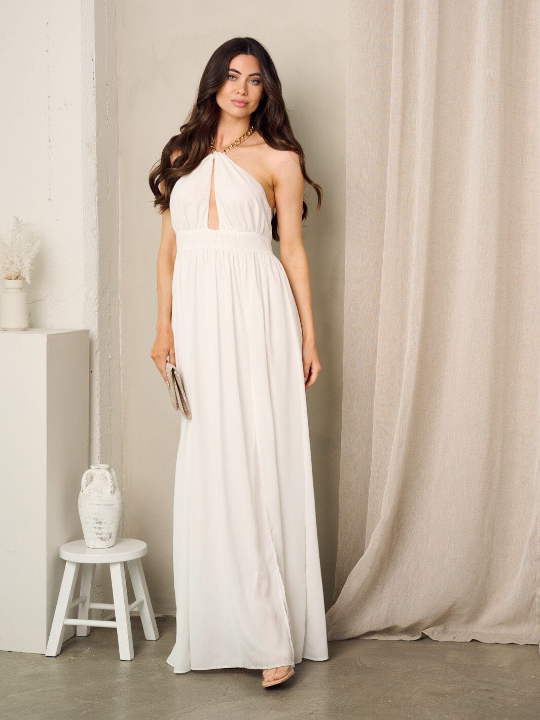 WOMEN'S SLEEVELESS OPEN BACK CHAIN NECK TIE MAXI DRESS