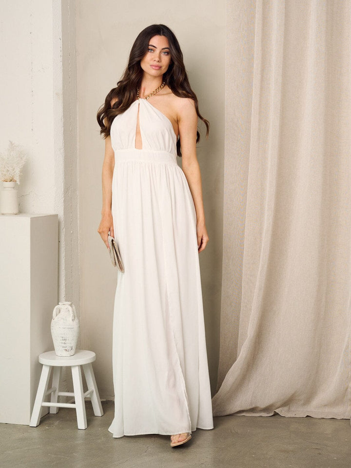 WOMEN'S SLEEVELESS OPEN BACK CHAIN NECK TIE MAXI DRESS