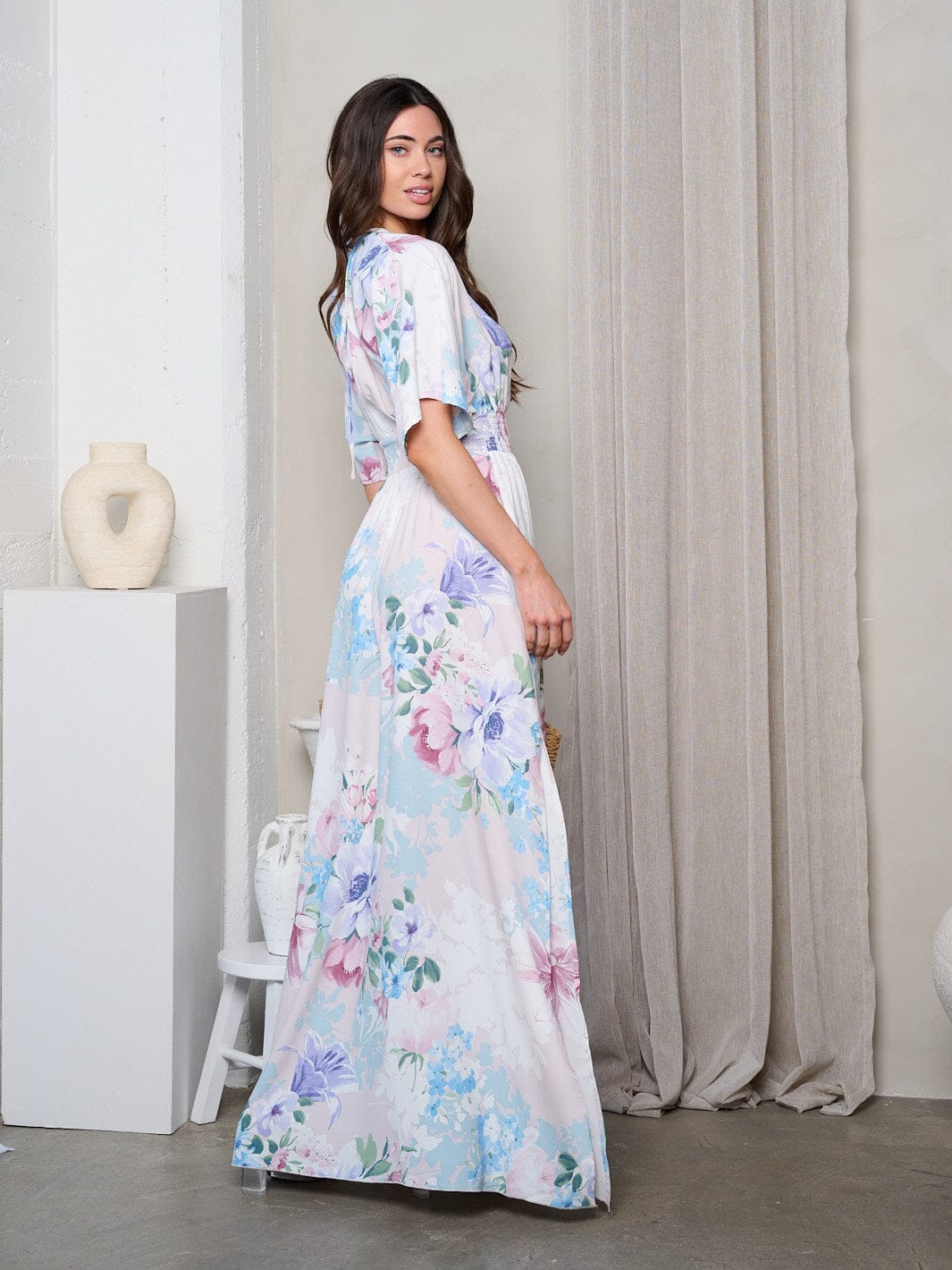 WOMEN'S SHORT SLEEVE SURPLICE SMOCK WAIST MAXI DRESS