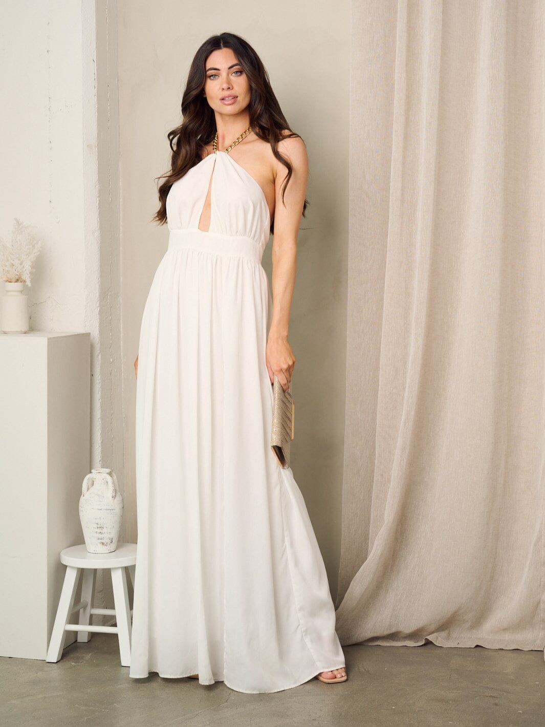 WOMEN'S SLEEVELESS OPEN BACK CHAIN NECK TIE MAXI DRESS