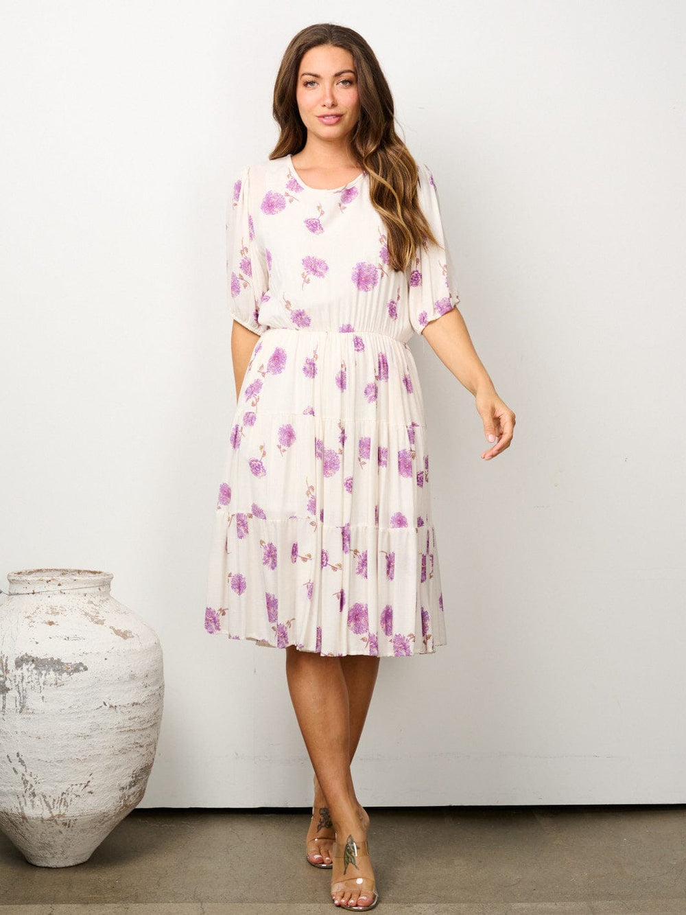 WOMEN'S SHORT SLEEVE ELASTIC WAIST FLORAL TIERED MIDI DRESS