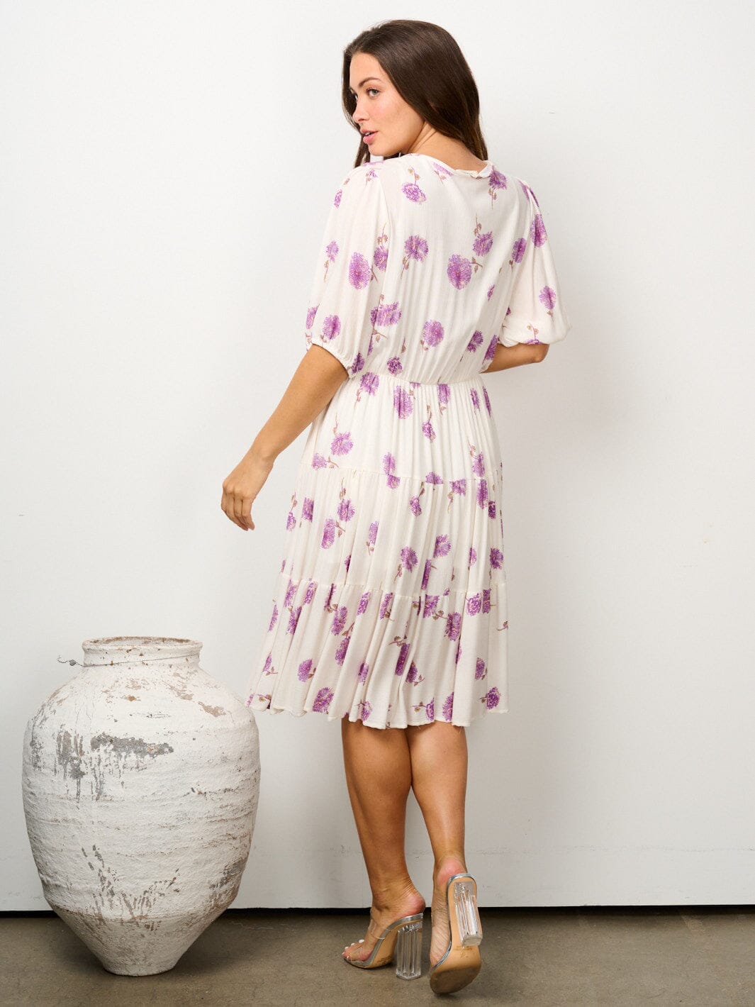 WOMEN'S SHORT SLEEVE ELASTIC WAIST FLORAL TIERED MIDI DRESS