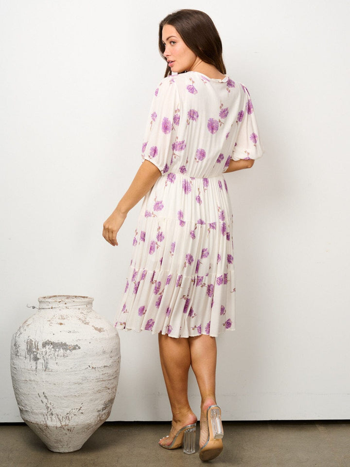 WOMEN'S SHORT SLEEVE ELASTIC WAIST FLORAL TIERED MIDI DRESS