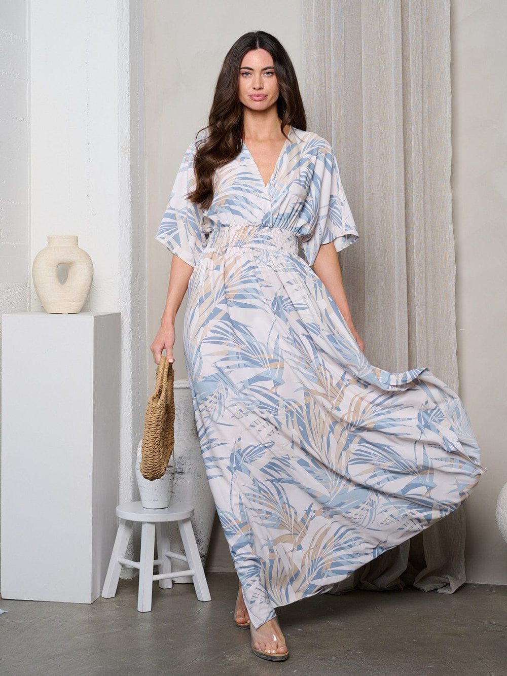 WOMEN'S SHORT SLEEVE SURPLICE SMOCK WAIST MAXI DRESS