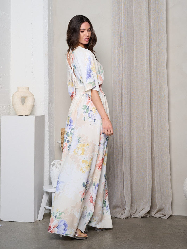 WOMEN'S SHORT SLEEVE SURPLICE SMOCK WAIST MAXI DRESS