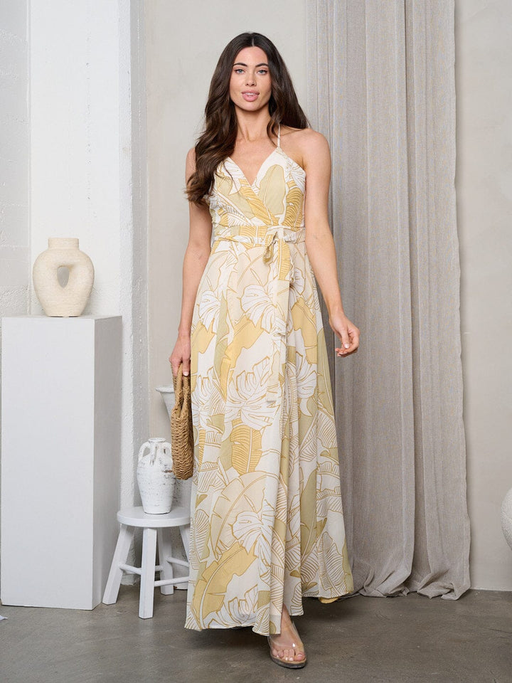 WOMEN'S SLEEVELESS V-NECK LEAF PRINT MAXI DRESS