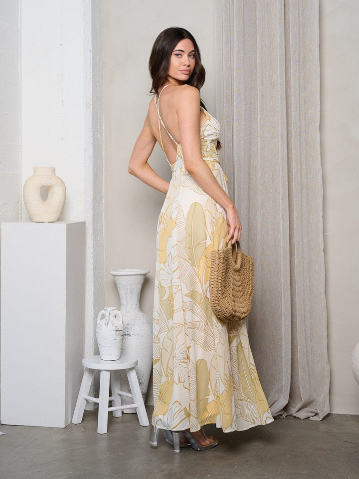 WOMEN'S SLEEVELESS V-NECK LEAF PRINT MAXI DRESS