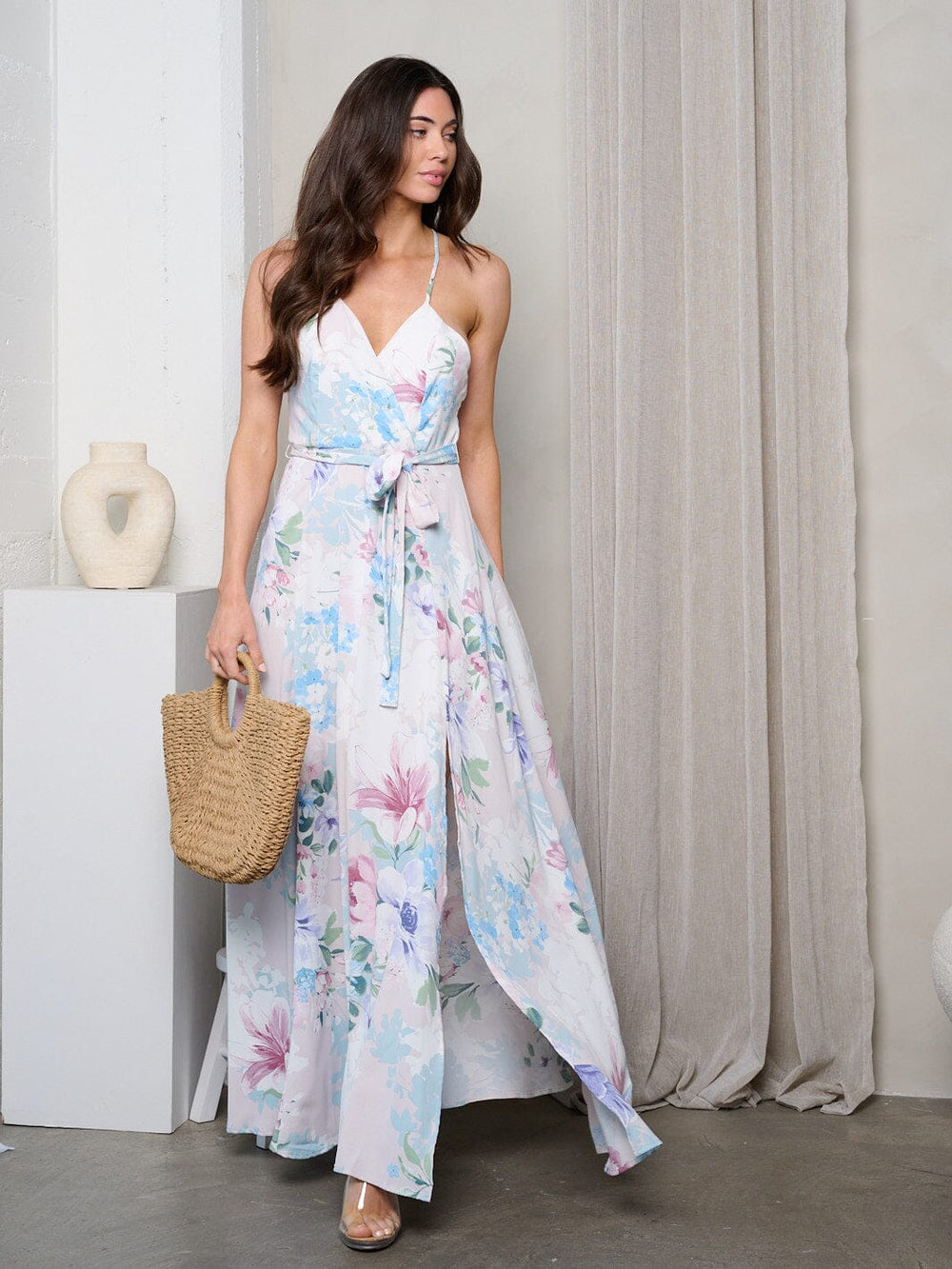 WOMEN'S SLEEVELESS V-NECK FLORAL PRINT MAXI DRESS
