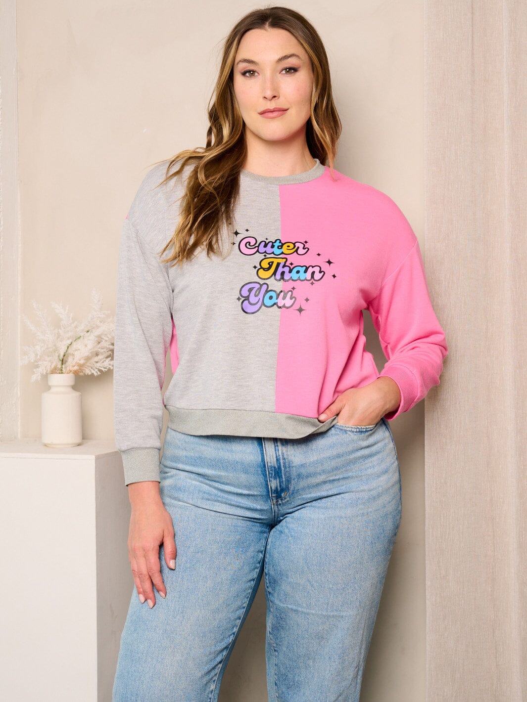 PLUS SIZE LONG SLEEVES COLORBLOCK GRAPHIC TOP Wholesalefashiontrends plus-size-long-sleeves-colorblock-graphic-top-wholesalefashiontrends