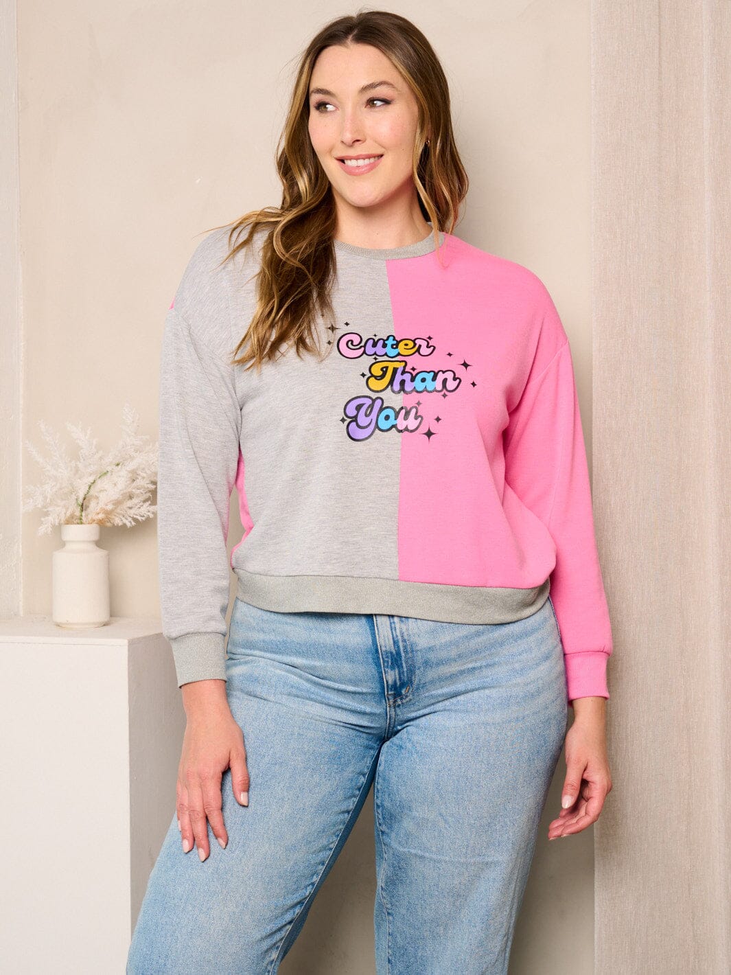 PLUS SIZE LONG SLEEVES COLORBLOCK GRAPHIC TOP