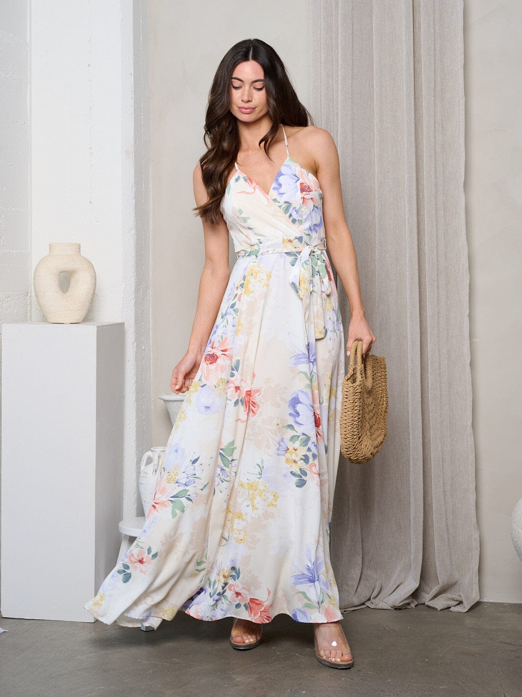 WOMEN'S SLEEVELESS V-NECK FLORAL PRINT MAXI DRESS
