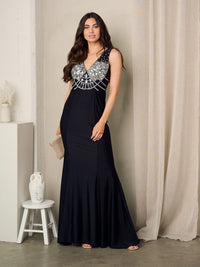 WOMEN'S SLEEVELESS V-NECK STUDS MAXI GOWN DRESS