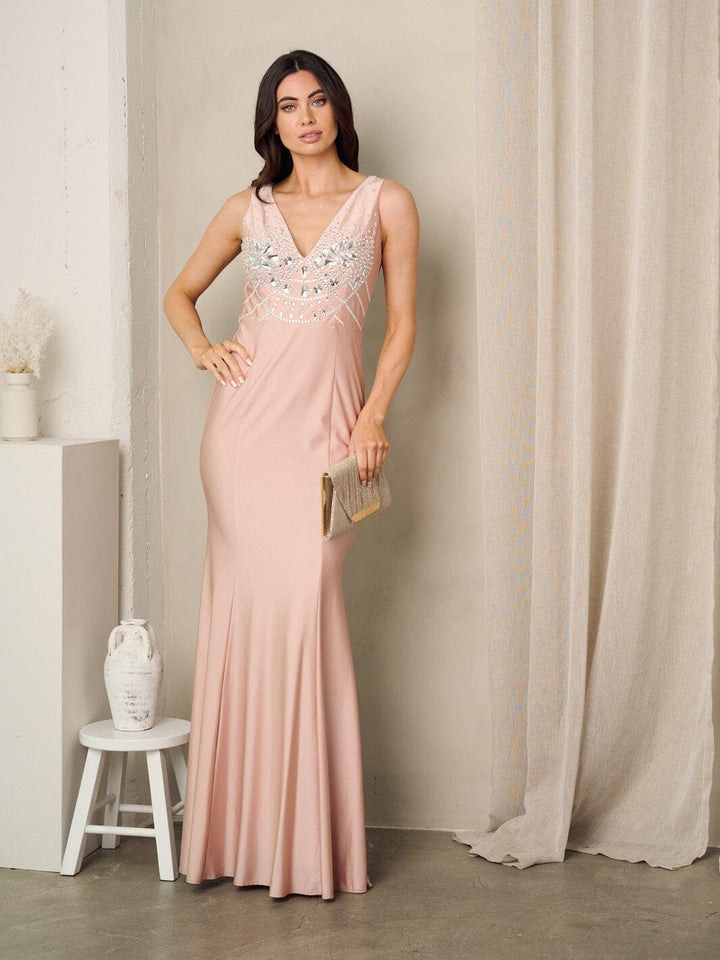 WOMEN'S SLEEVELESS V-NECK STUDS MAXI GOWN DRESS