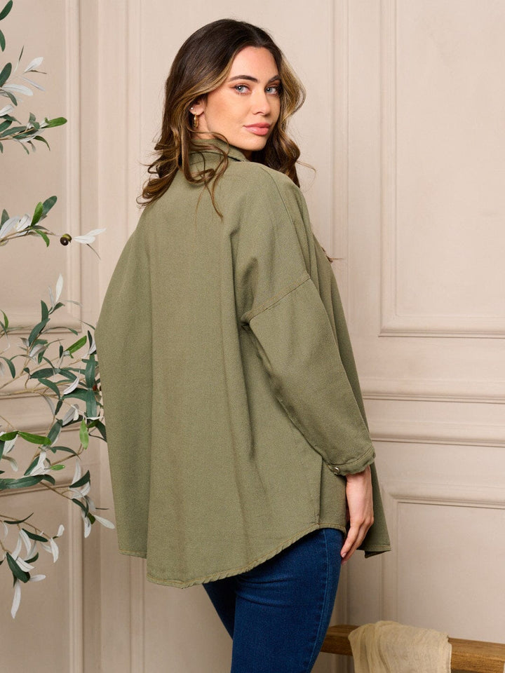 WOMEN'S LONG SLEEVE BUTTON CLOSURE OVERSIZED DENIM TOP